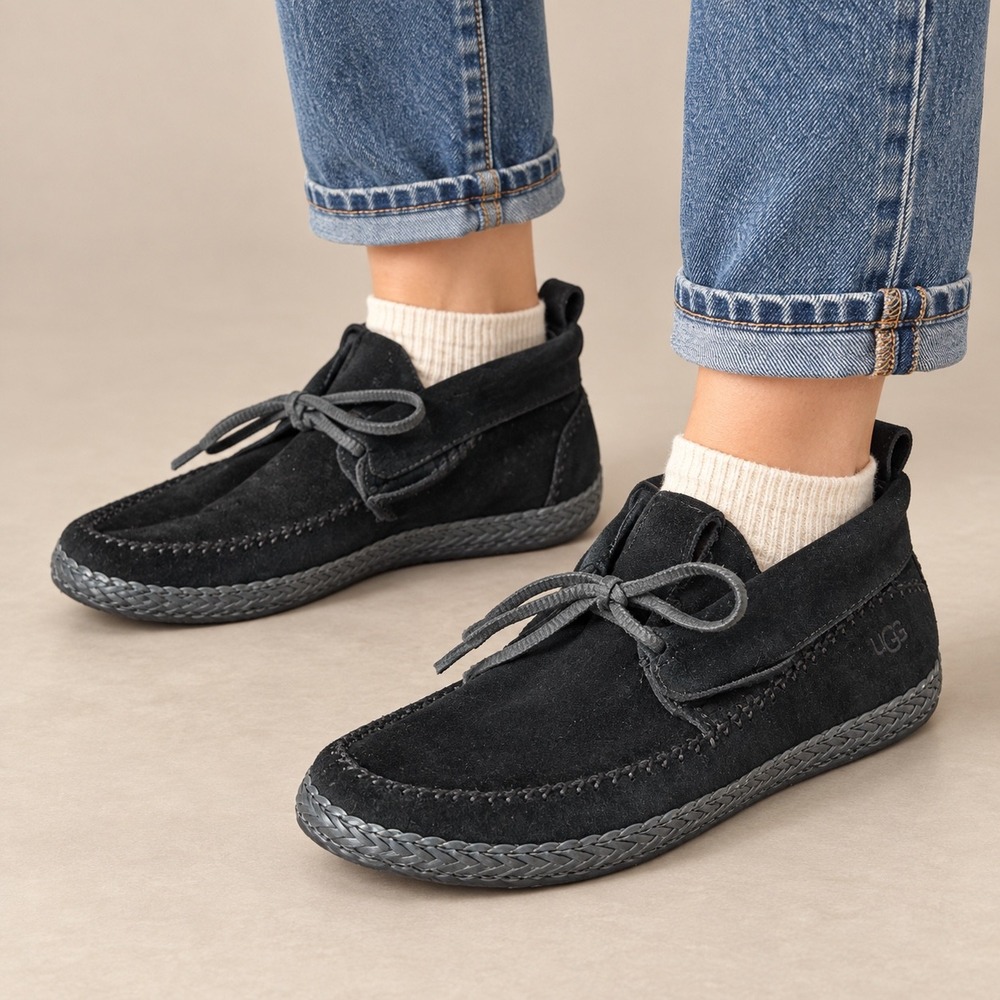 UGG Woodlyn Moc Booties Black Braided Trim Moccasin Boho Fall Suede 7.5